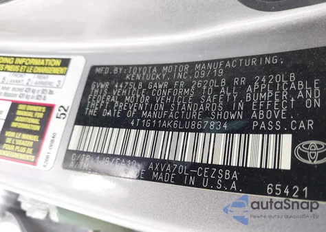 2020 Toyota Camry Se from USA, damaged, VIN 4T1G11AK6LU867834